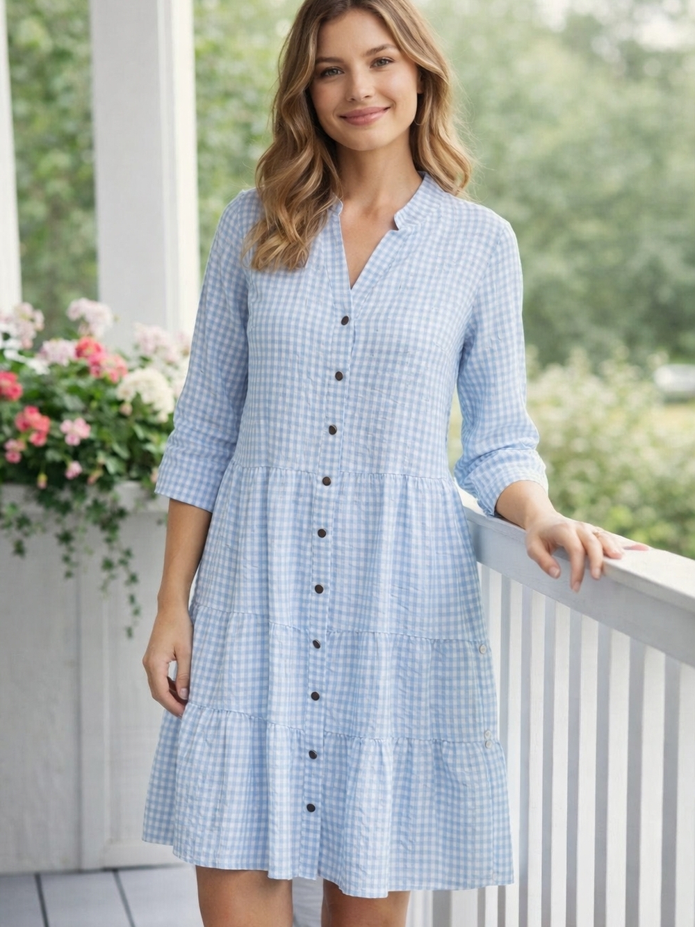 Blue Gingham Button-Front Mini Dress